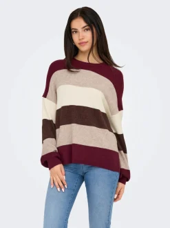 Only naisten neuleet, ONLATIA LS STRIPE PULLOVER Viininpunainen Kuosi