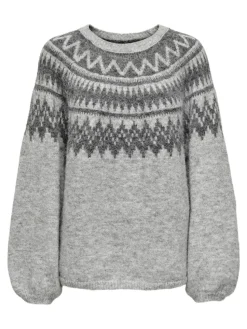 Only naisten neulepusero ONLREYKJA LS O-NECK KNT, harmaa kuosillinen