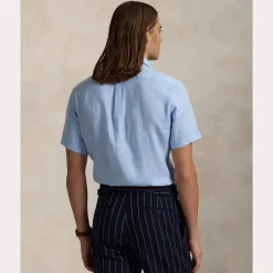 Polo Ralph Lauren miesten lyhythihainen kauluspaita, POLO LINEN SHIRT SS CUSTOM FIT Keskisininen