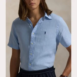 Polo Ralph Lauren miesten lyhythihainen kauluspaita, POLO LINEN SHIRT SS CUSTOM FIT Keskisininen