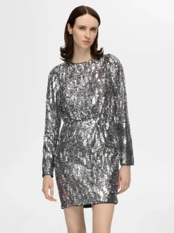 Selected Femme naisten mekko, SLFARI-COLYN LS SHORT SEQUINS DRESS B Hopeanharmaa