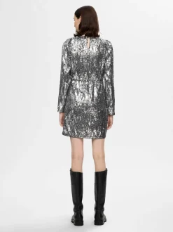 Selected Femme naisten mekko, SLFARI-COLYN LS SHORT SEQUINS DRESS B Hopeanharmaa