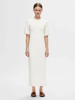 Selected Femme naisten midimekko, SLFHELENA 2/4 KNIT DRESS Luonnonvalkoinen