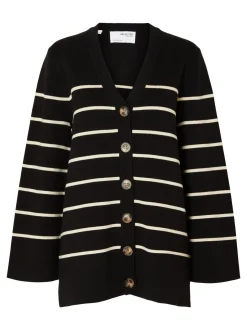 Selected Femme Naisten Neuletakki, K-SLFLIVA LS LONG KNIT CARDIGAN NOOS Raidallinen Musta