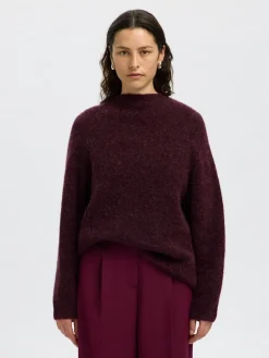 Selected Femme naisten neulepusero, SLFSIA RAS LS KNIT T-NECK Viininpunainen