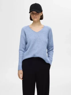 Selected Femme Naisten Neule, SLFLULU NEW LS KNIT V-NECK B NOOS Vaaleansininen