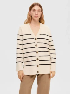 Selected Femme Naisten Neuletakki, K-SLFLIVA LS LONG KNIT CARDIGAN NOOS Raidallinen Beige