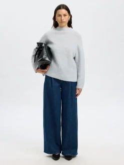 Selected Femme naisten neulepusero, SLFSIA RAS LS KNIT T-NECK Vaaleansininen