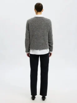 Selected Femme naisten neulepusero, SLFSIA RAS LS KNIT LONG V-NECK Medium Grey Melange