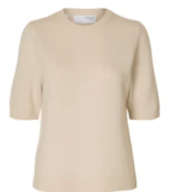 Selected Femme naisten paita, SLFCILLE 2/4 KNIT O-NECK Luonnonvalkoinen
