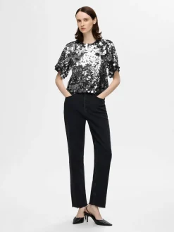 Selected Femme Naisten Pusero, SLFTANA 3/4 SEQUINS TOP Hopeanharmaa