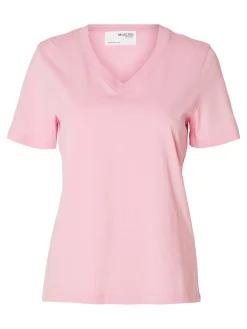Selected Femme Naisten T-paita SLFESSENTIAL SS V-NECK TEE NOOS Vaaleanpunainen