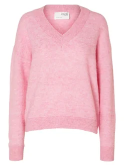 Selected Femme neule, SLFMALINE LS KNIT V-NECK Vaaleanpunainen