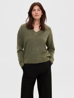 Selected Femme neule, SLFMALINE LS KNIT V-NECK Armeijanvihreä