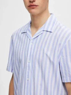 Selected Miesten Kauluspaita, K RELAX NEW LINEN SS RESORT Raidallinen Sininen