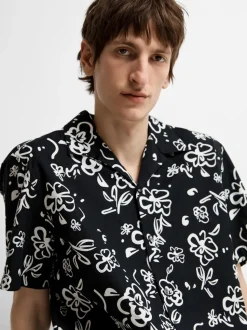 Selected Miesten Kauluspaita, K RELAX NEW LINEN SS RESORT Mustavalkoinen