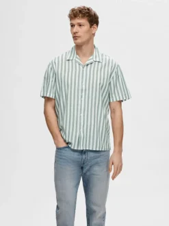 Selected Miesten Kauluspaita, K RELAX NEW LINEN SS RESORT Raidallinen Vihreä