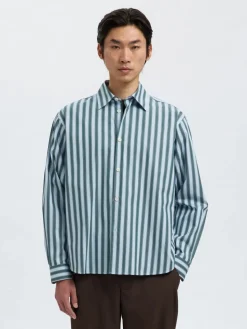Selected miesten kauluspaita, SLHRLXHENRIC STRIPE LS SHIRT Dark Green Multi Stripes