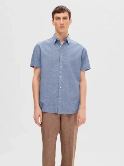 Selected Miesten Kauluspaita, NEW LINEN SHIRT SS NOS Sininen