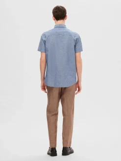 Selected Miesten Kauluspaita, NEW LINEN SHIRT SS NOS Sininen
