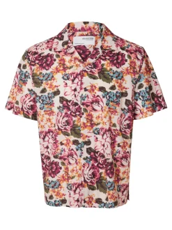 Selected, Miesten Kauluspaita, Relax Floral Shirt Ss Aop Punainen Kuosi