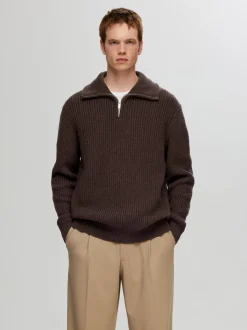 Selected Miesten Neulepusero LAND LS KNIT HALFZIP Tummanruskea