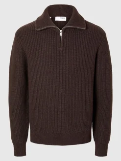 Selected Miesten Neulepusero LAND LS KNIT HALFZIP Tummanruskea