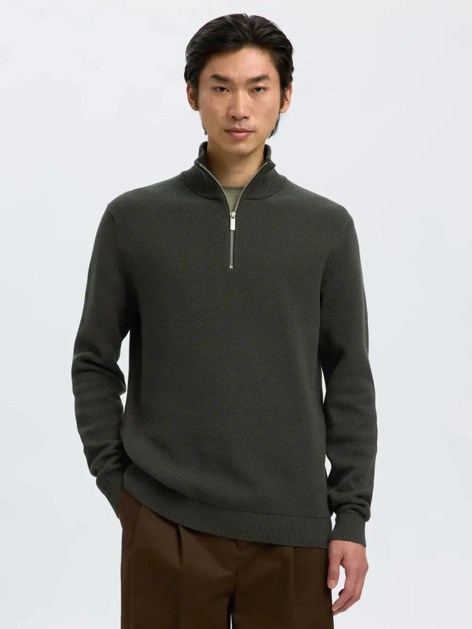 Selected Miesten Neulepusero, DANE LS KNIT STRUCTURE HALF ZIP Deep Forest