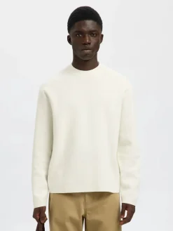 Selected miesten neulepusero, MIKE LS KNIT RELAXED MOCK NECK Egret