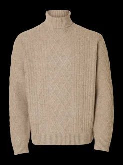 Selected miesten neulepusero, SLHNEIL LS KNIT RELAXED CABLE ROLL NECK Oatmeal Neps