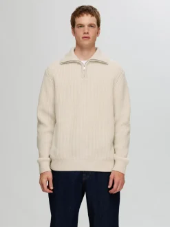 Selected Miesten Neulepusero LAND LS KNIT HALFZIP Luonnonvalkoinen