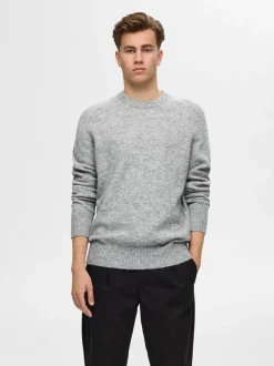 Selected Miesten Neulepusero, RAI LS KNIT CREWNECK Vaaleanharmaa