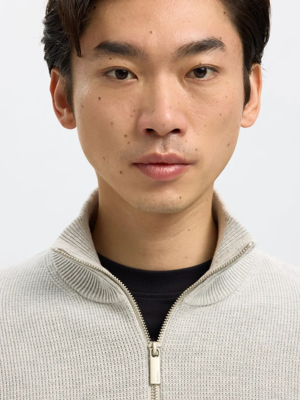 Selected miesten neulepusero K SLHDANE LS KNIT STRUCTURE HALF ZIP NOO, Light Grey Melange