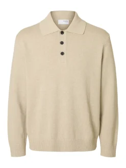 Selected miesten neulepusero, JAKOB LS KNIT RELAXED POLO Beige