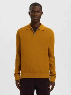 Selected miesten neulepusero SLHCRAN LS Knit Structure Half Zip Polo, Golden Brown