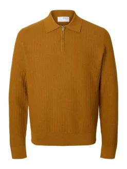 Selected miesten neulepusero SLHCRAN LS Knit Structure Half Zip Polo, Golden Brown