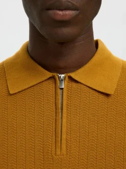 Selected miesten neulepusero SLHCRAN LS Knit Structure Half Zip Polo, Golden Brown