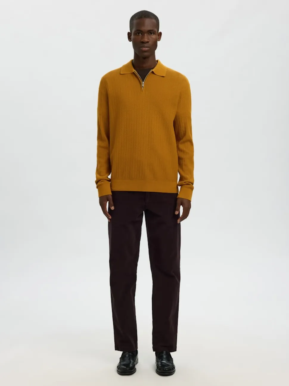 Selected miesten neulepusero SLHCRAN LS Knit Structure Half Zip Polo, Golden Brown