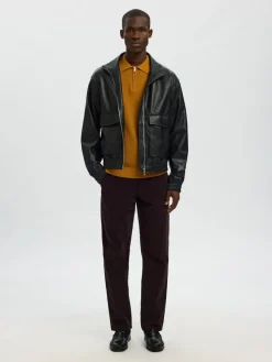 Selected miesten neulepusero SLHCRAN LS Knit Structure Half Zip Polo, Golden Brown