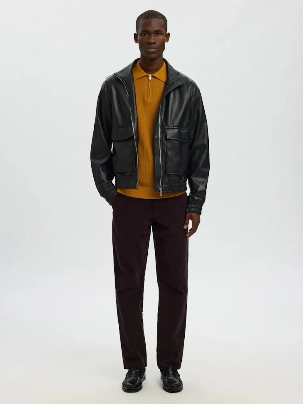 Selected miesten neulepusero SLHCRAN LS Knit Structure Half Zip Polo, Golden Brown