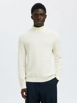 Selected miesten neulepusero, TREVOR LS KNIT STRUCTURE ROLL NECK Egret