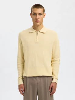 Selected miesten neulepusero SLHCRAN LS Knit Structure Half Zip Polo, Angora