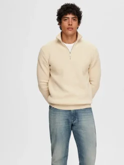 Selected Miesten Neulepusero, DANE LS KNIT STRUCTURE HALF ZIP Oatmeal
