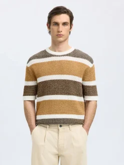 Selected miesten paita, GINGER SS KNIT RELAXED STRIPE Raidallinen Ruskea