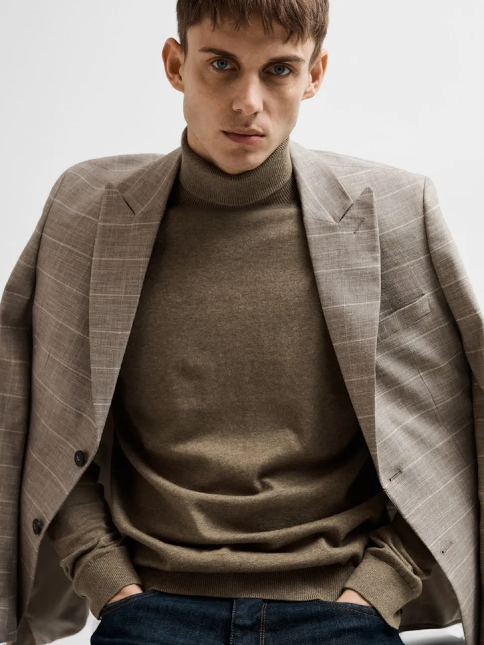 Selected Miesten Pooloneule Berg Roll Neck NOOS, Teak Melange