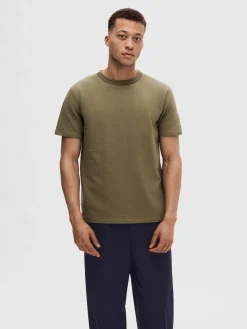 Selected miesten t-paita, SANDER SEERSUCKER SS O-NECK Armeijanvihreä
