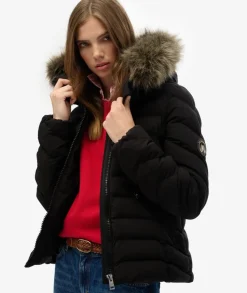 Superdry naisten takki Fuji Faux Fur Hood Padded Jkt, musta