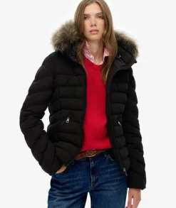 Superdry naisten takki Fuji Faux Fur Hood Padded Jkt, musta