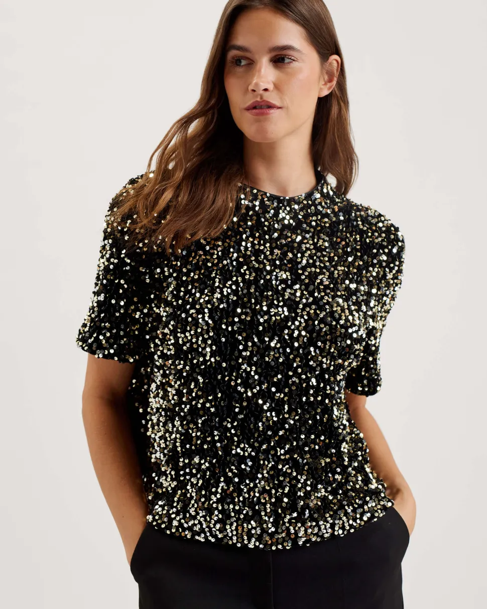 Ted Baker Naisten Pusero, ZARHAA BOXY VELVET SEQUIN TEE Musta
