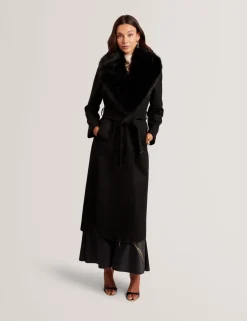 Ted Baker naisten takki MUSEA FAUX FUR BELTED LONG COAT, musta